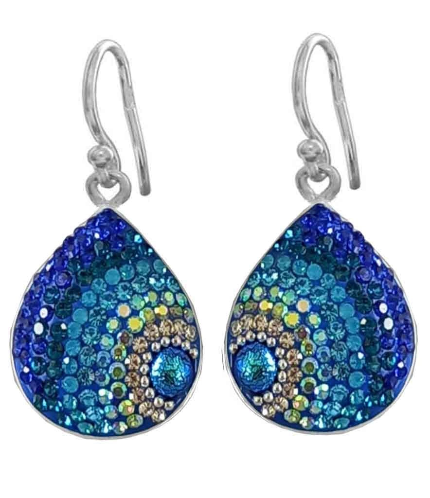 Sterling silver teardrop earrings featuring a mosaic pattern with Austrian crystals in blue and clear tones.