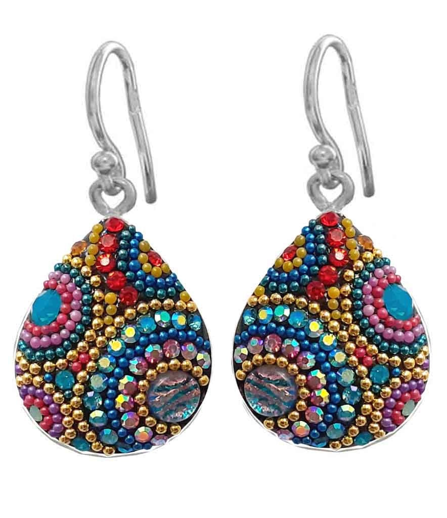 Sterling silver teardrop earrings featuring a mosaic pattern with Austrian crystals in blue and clear tones.