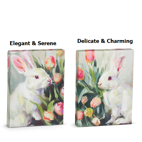 8-inch wall art featuring a black tulip rabbit silhouette on white canvas with MDF backing.