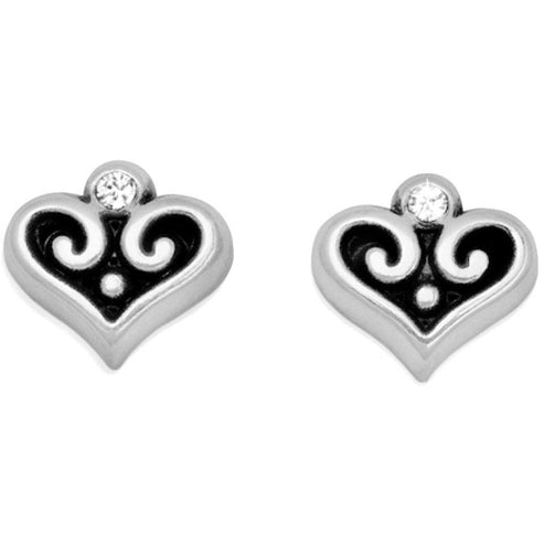 Alcazar Heart Mini Post Earrings in silver with crystal accents and scrollwork design.