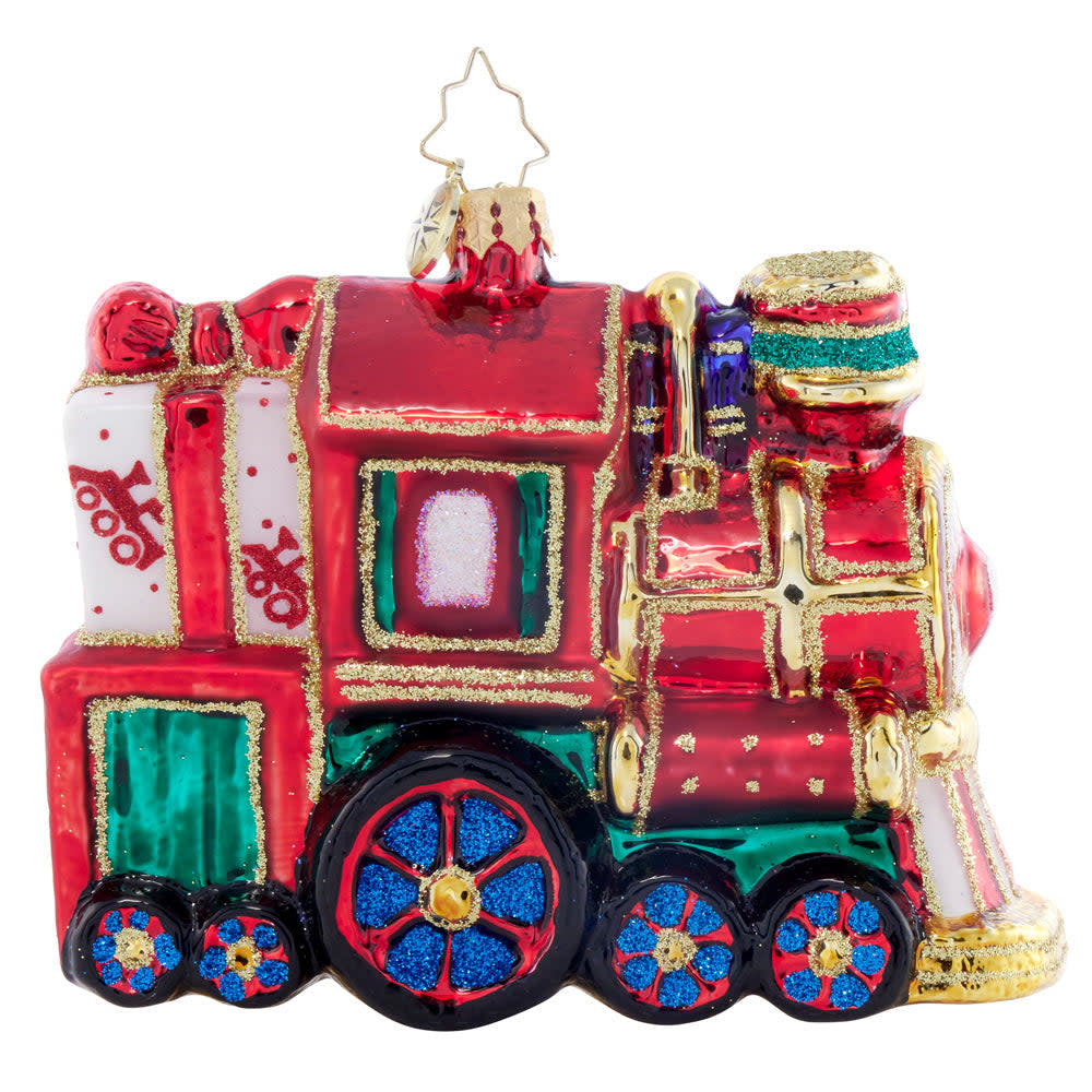 Teddy's Gift Express figurine: a brown teddy bear driving a red festive train with green accents and attached presents.