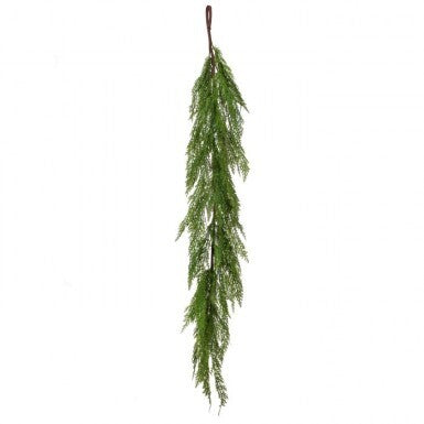 48-inch real touch cedar garland in natural green hanging vertically against a white background.
