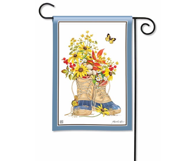 Garden flag featuring a colorful floral pattern on a white background.