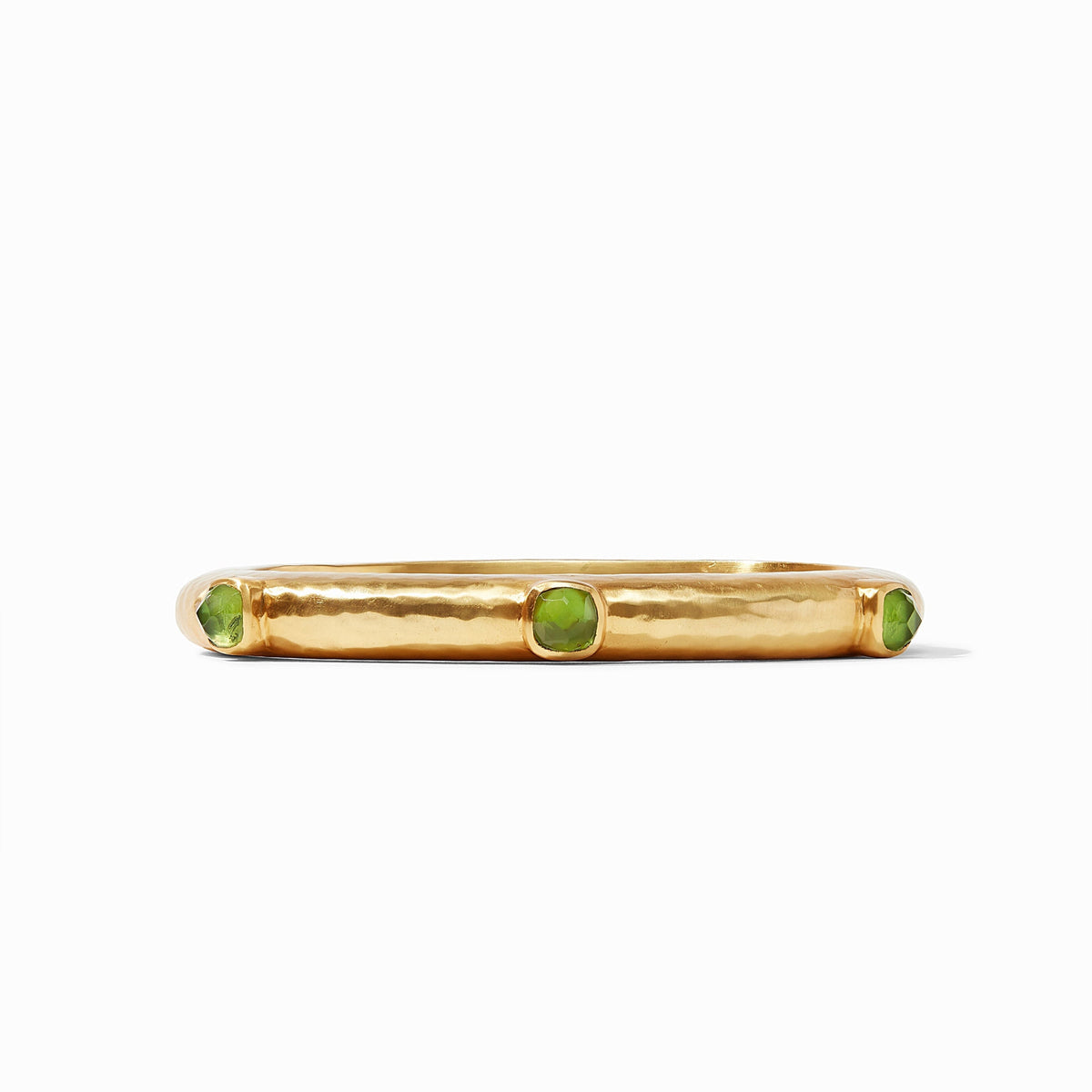 Catalina Stone Hinge Bangle in 24K gold plate with green glass stones.