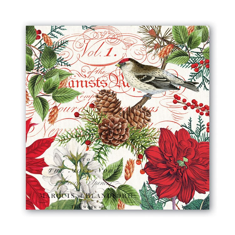 Holiday luncheon napkin with a bird, pinecones, poinsettias, and red dahlias on a vintage script background.