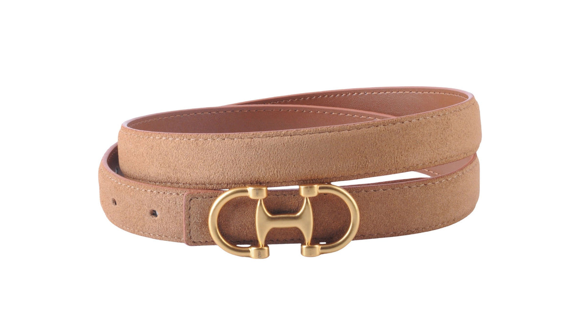 Tan suede and napa leather belt with a gold-tone horsebit buckle and contrast stitching.