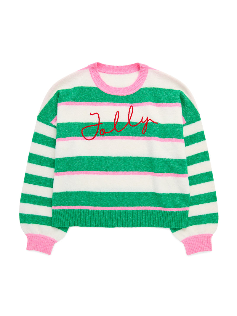 Relaxed knit sweater with green, pink, and cream stripes and red embroidered "Jolly" script.