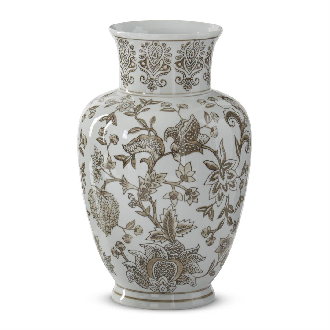 Taupe and white porcelain chinoiserie vase with a classic curved silhouette.