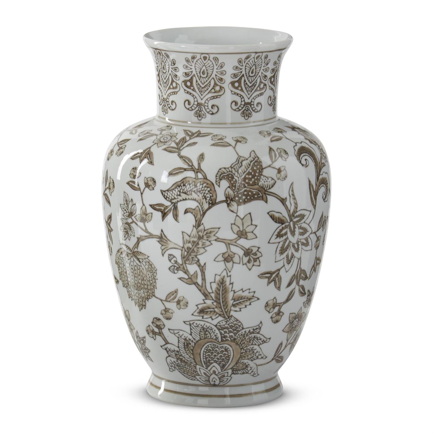 Taupe and white porcelain chinoiserie vase with a classic curved silhouette.