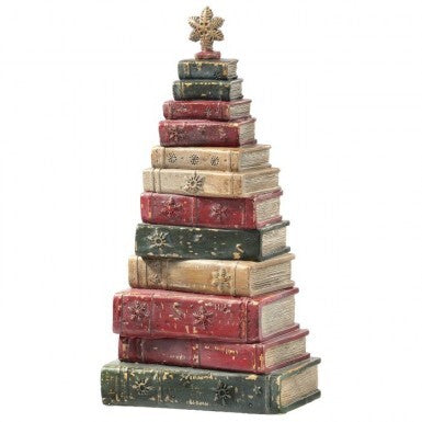 15.5-inch resin decorative stack of vintage books shaped like a Christmas tree with a star topper.