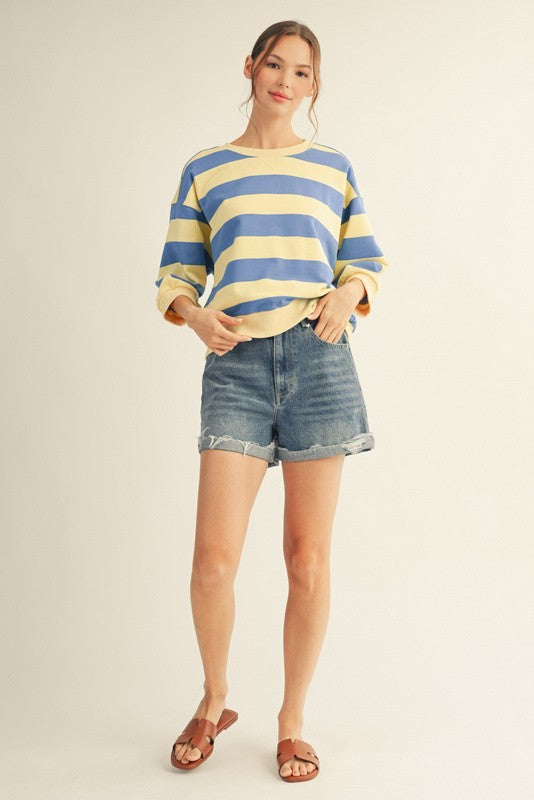 Roxanne V-neck casual top in bold stripe print made from cotton polyester blend