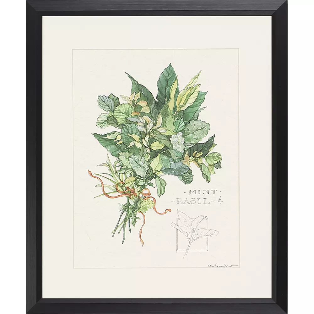 Antique gold ribbed frame matting natural herbs botanical print wall art