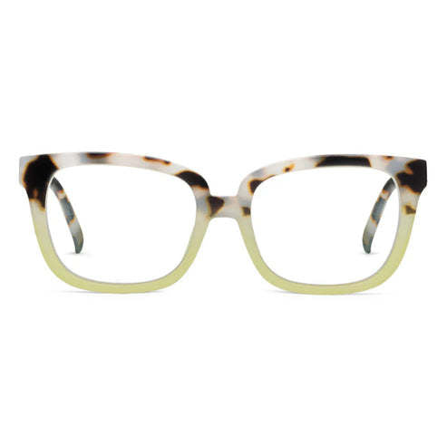 Athens eyeglasses with square matte blue frames featuring a geometric pattern.