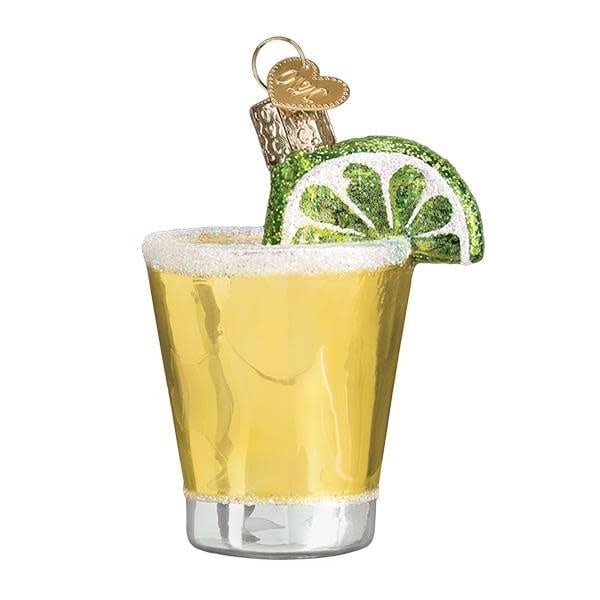 Red tequila shot glass ornament with lime slice rim detail