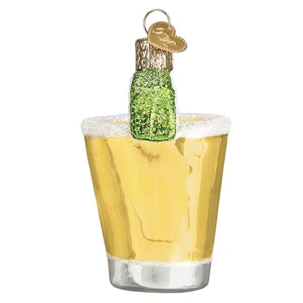 Tequila shot glass ornament with salt rim and lime slice detail