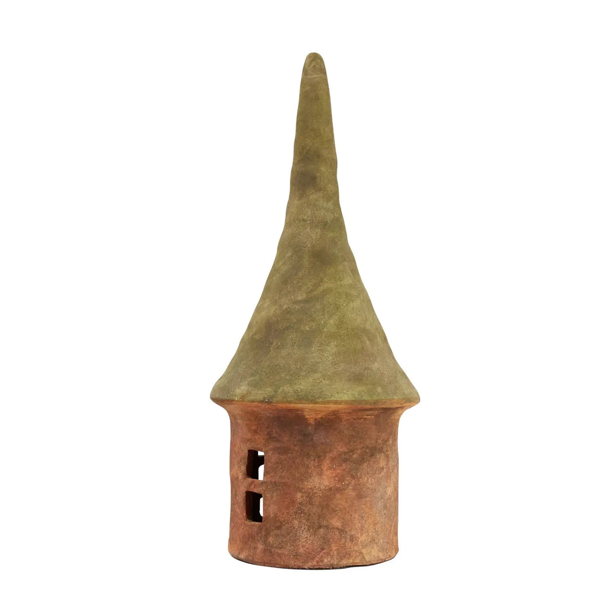 Terracotta decorative toad house with green roof and natural finish