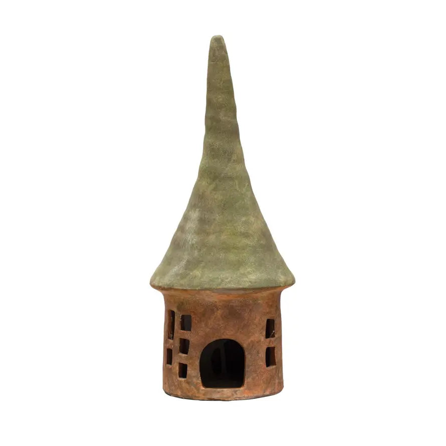 Terracotta decorative toad house with green roof and natural finish