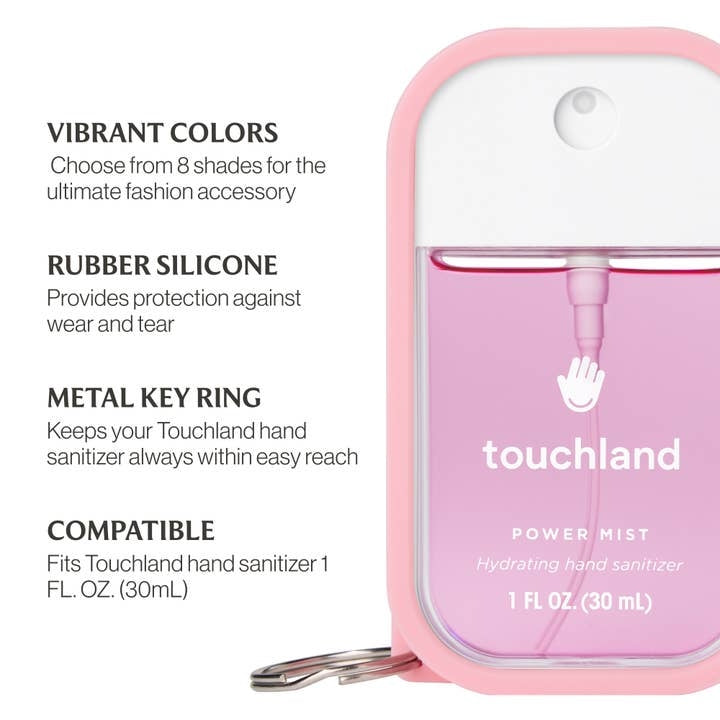 Bubblegum Pink rubber silicone case for Touchland hand mist with a metal key ring.
