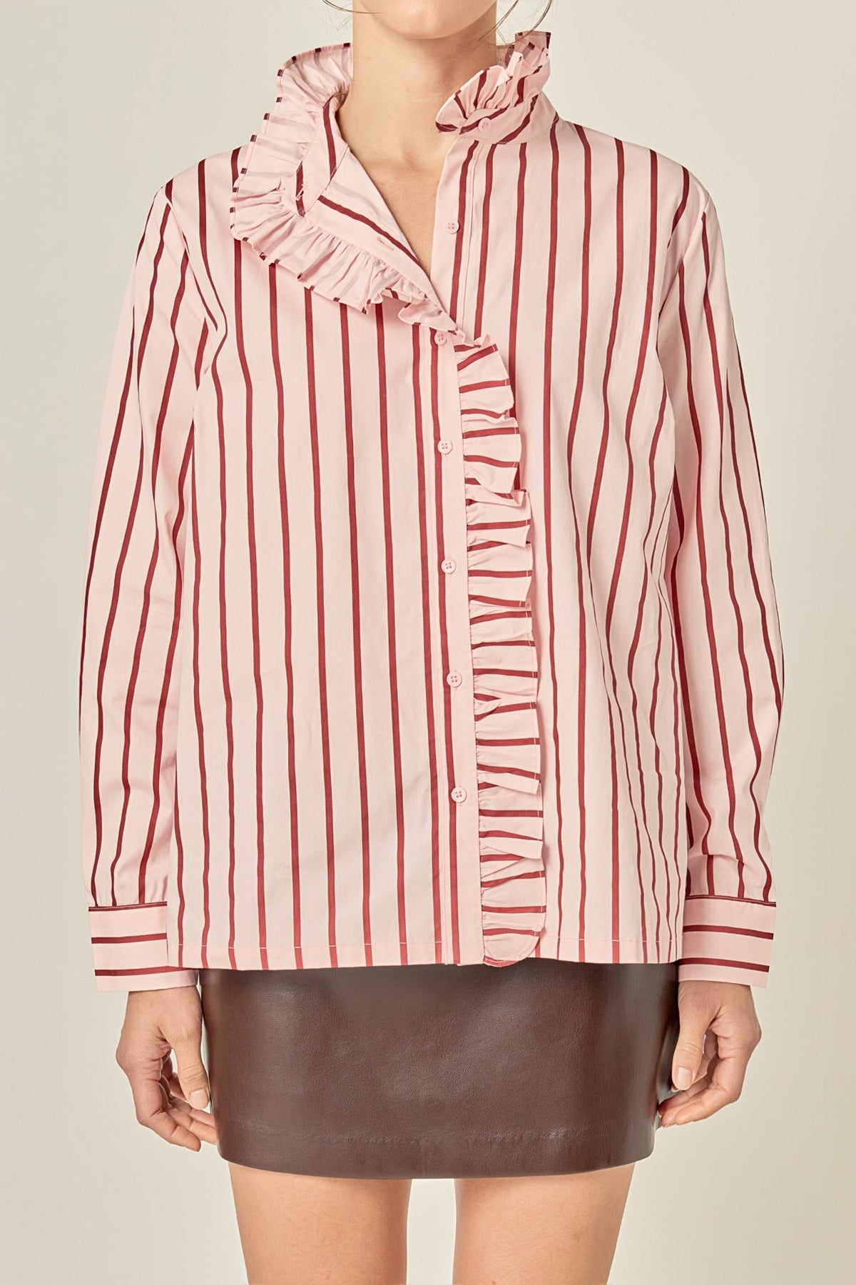 Leah ruffled stripe button-up shirt in white cotton with long sleeves, front buttons, and back yoke shirring.