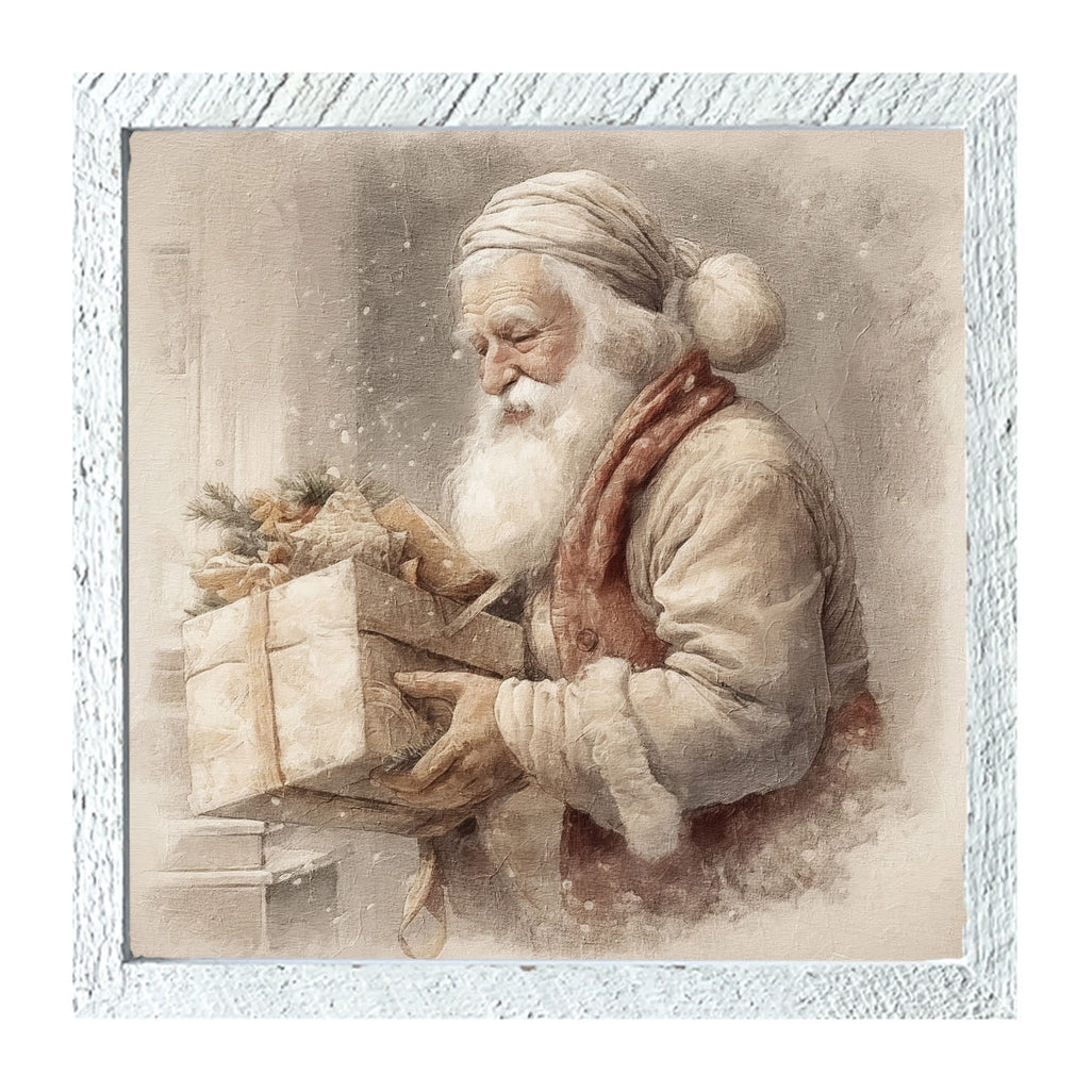 White XL framed print featuring an Old World Santa carrying gifts against a neutral background.