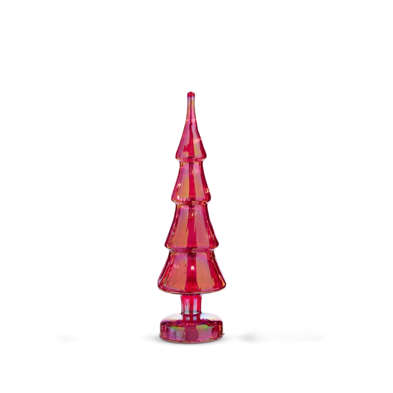 A tall, slender lighted red iridescent glass Christmas tree on a round base.