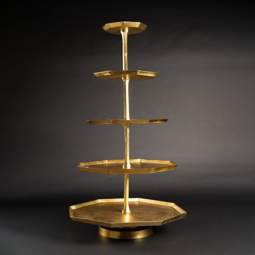 Five-tier octagonal stand in textured gold aluminum with smooth finish.