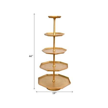 Five-tier octagonal aluminum display stand with textured gold finish