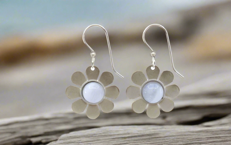 Blue textured organic drop earrings with layered surgical steel fish hook backs