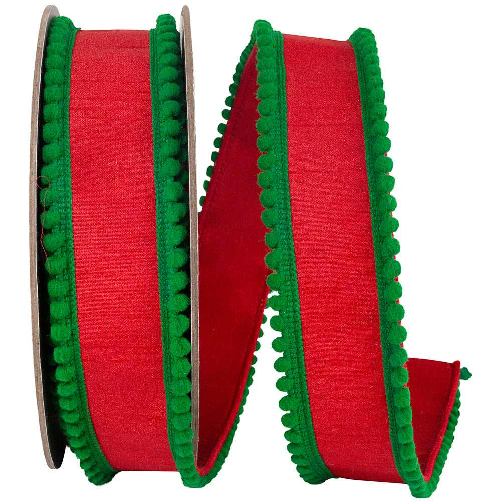 One yard roll of firm-finish dupioni wired edge ribbon in teal with a pom-pom trim.