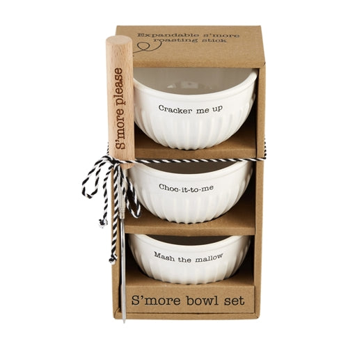 Boxed set of four small s'more bowls with matching skewers.