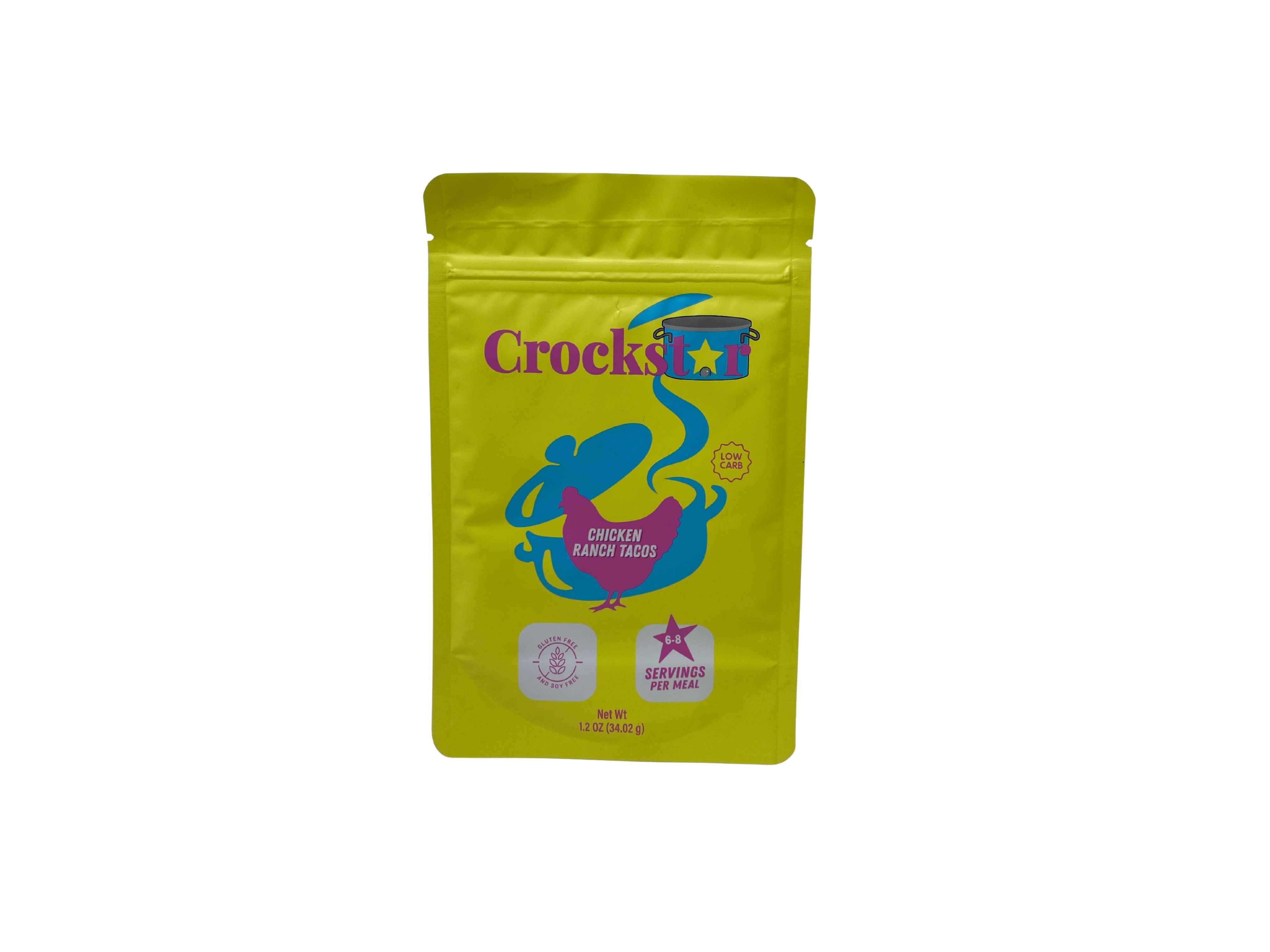 Open bag of Chicken Ranch Tacos seasoning mix with visible chicken powder and taco spices.