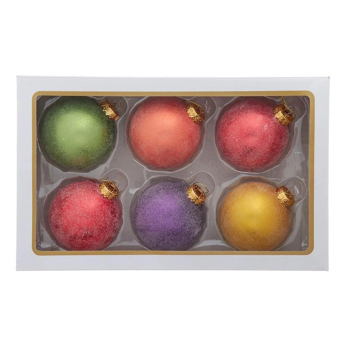 Box of six 80mm glass sugar frosted ball ornaments in green, orange, red, purple, and yellow.
