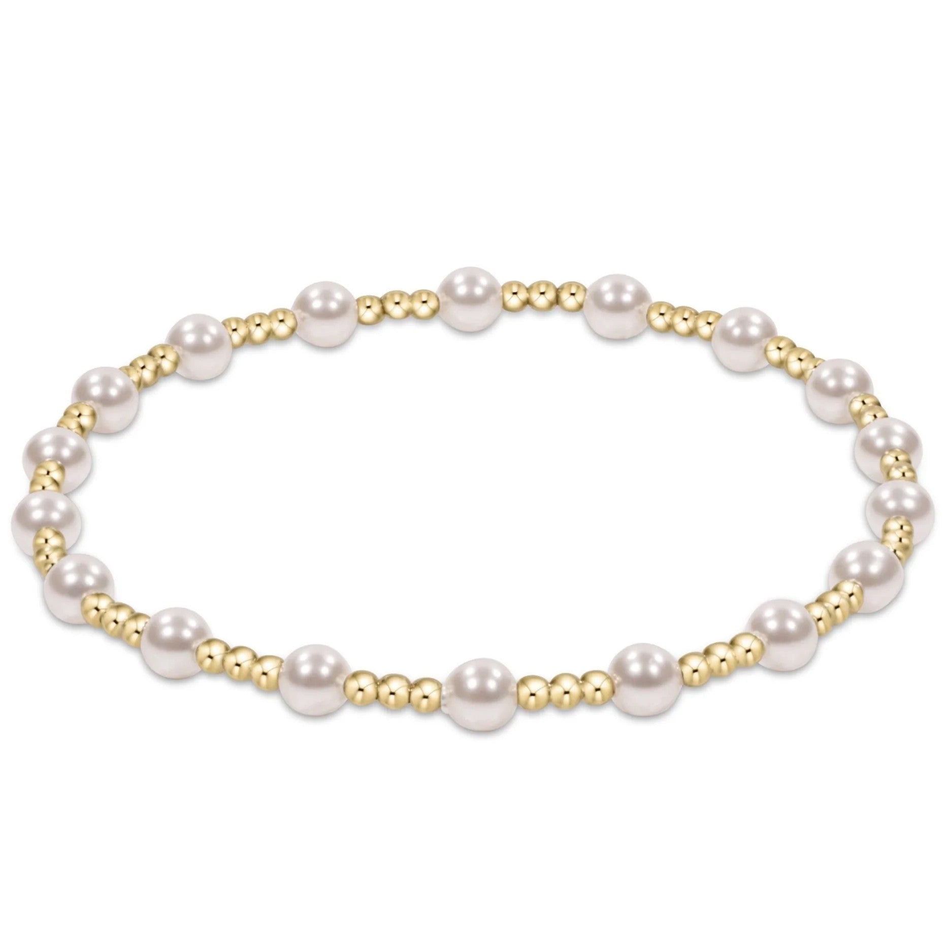 Extends Sincerity bracelet featuring alternating 4mm crystal pearls and 2mm gold-filled beads on stretch elastic.