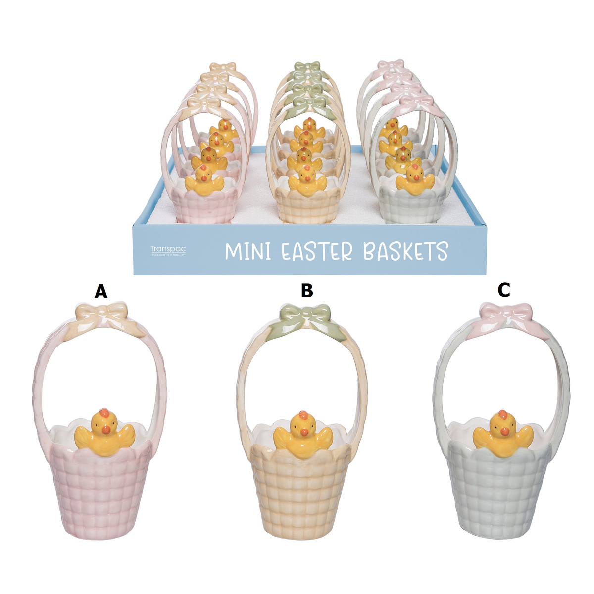 Mini Easter cottage basket in pastel colors with a chick figurine on top.