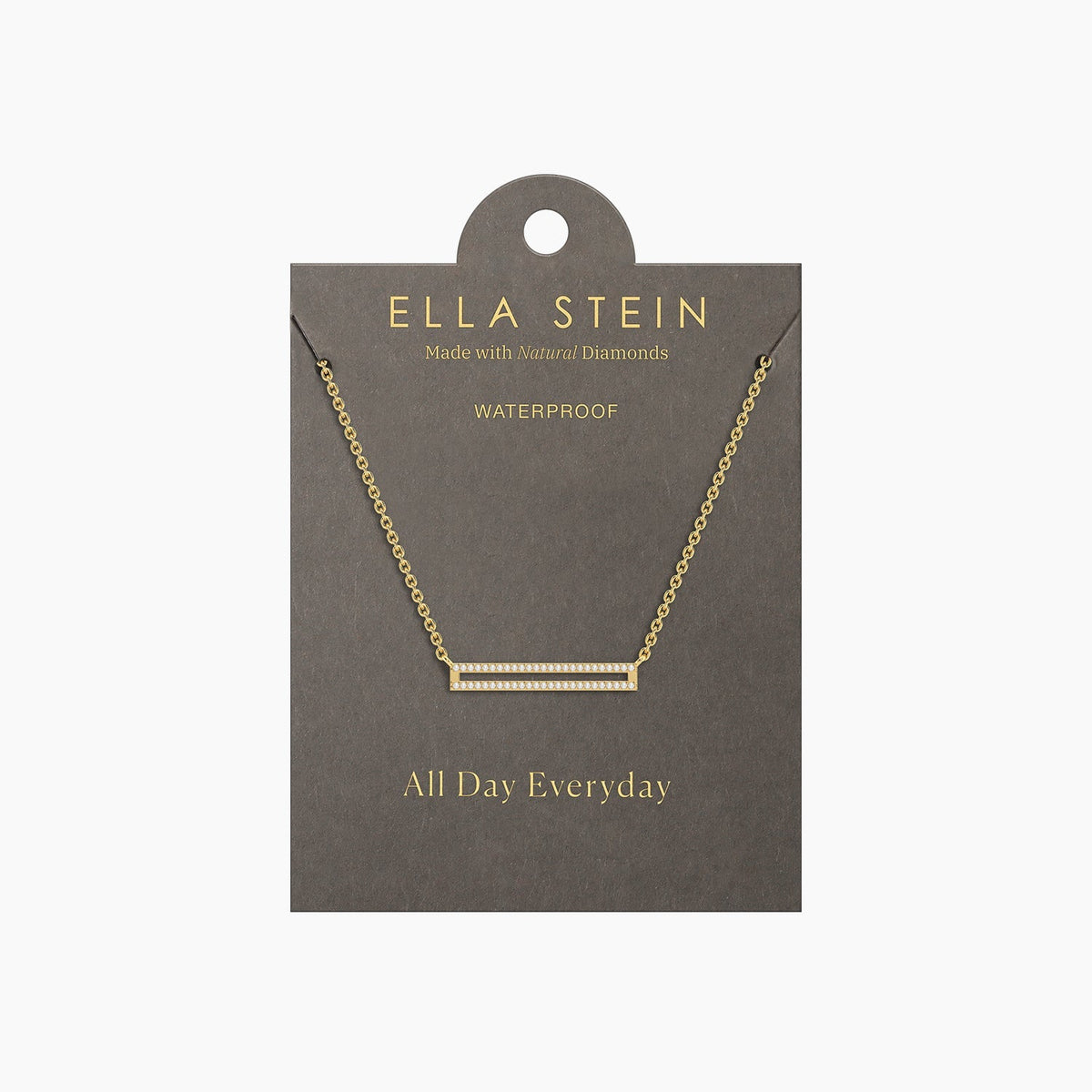 Gold bar pendant necklace with diamonds on a grey display card labeled Ella Stein.