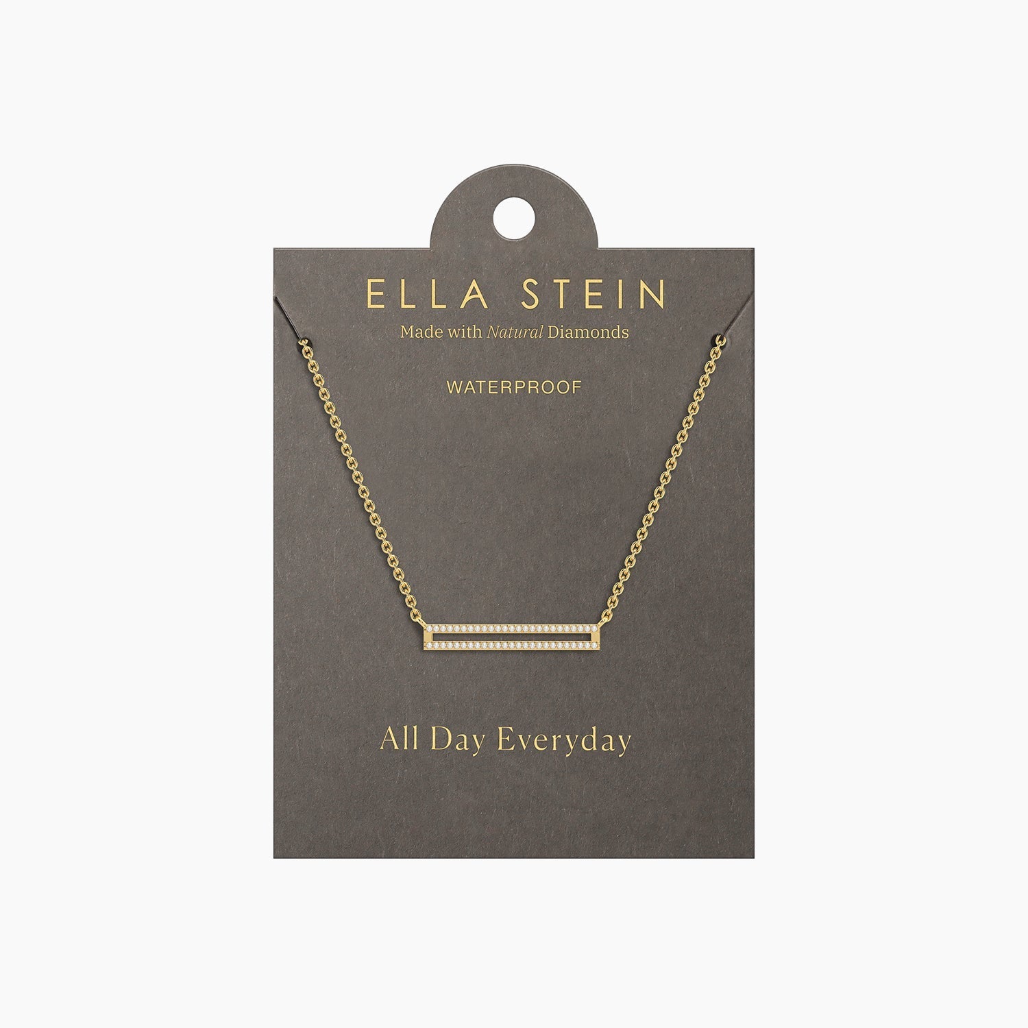 Gold bar pendant necklace with diamonds on a grey display card labeled Ella Stein.