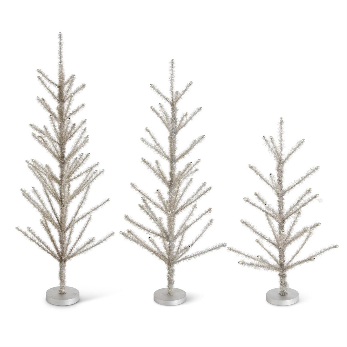 Pewter tinsel tree with beaded tips on MDF stand