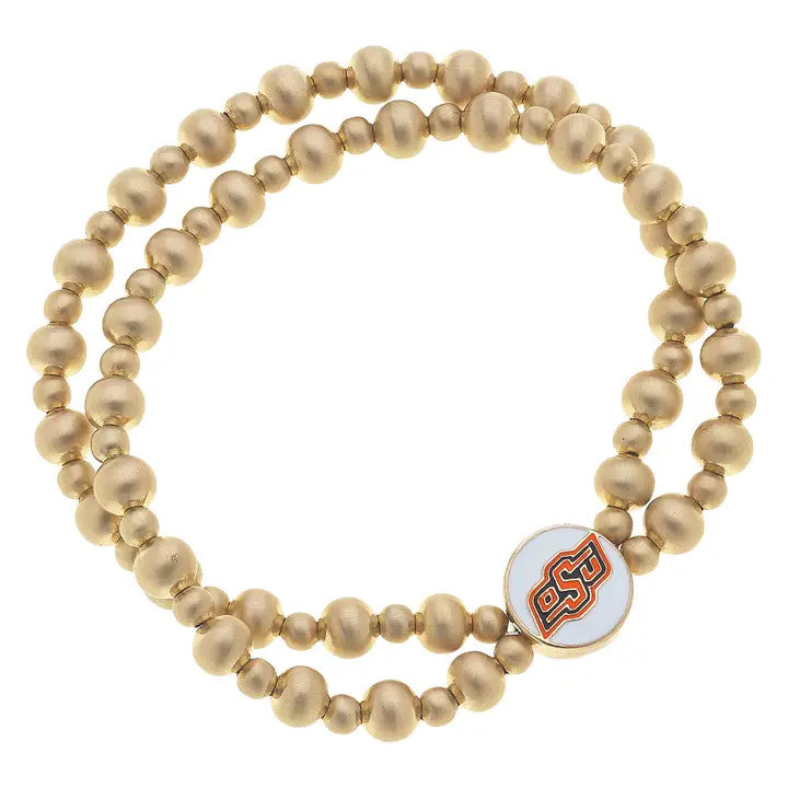 Oklahoma State Cowboys 2-row satin gold ball bead stretch bracelet with OSU logo charm.