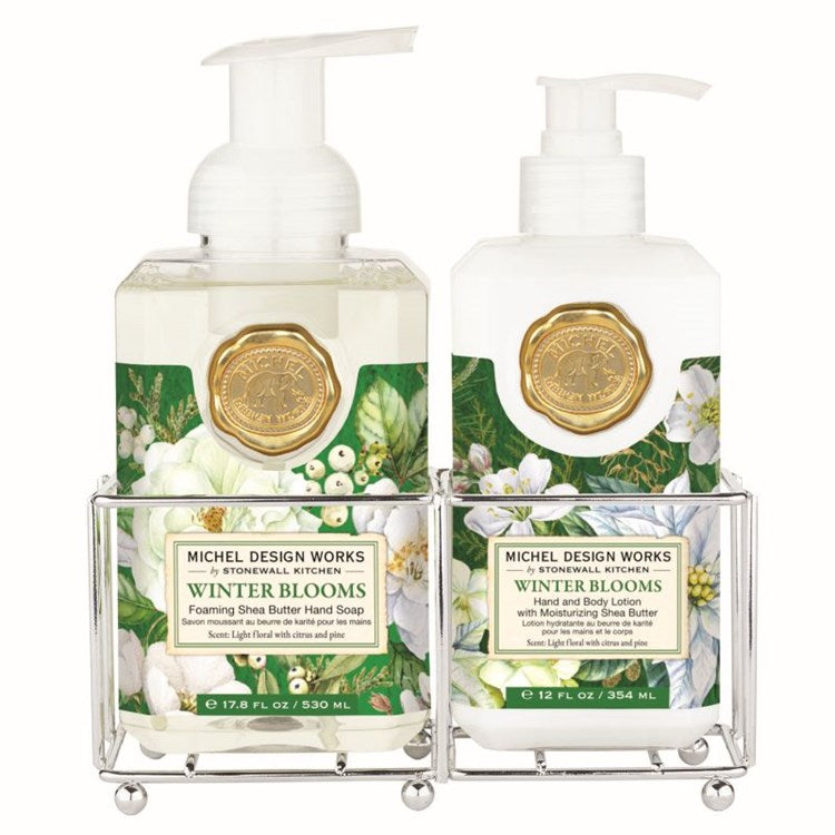 Hand Care Caddy containing foaming hand soap and lotion bottles.