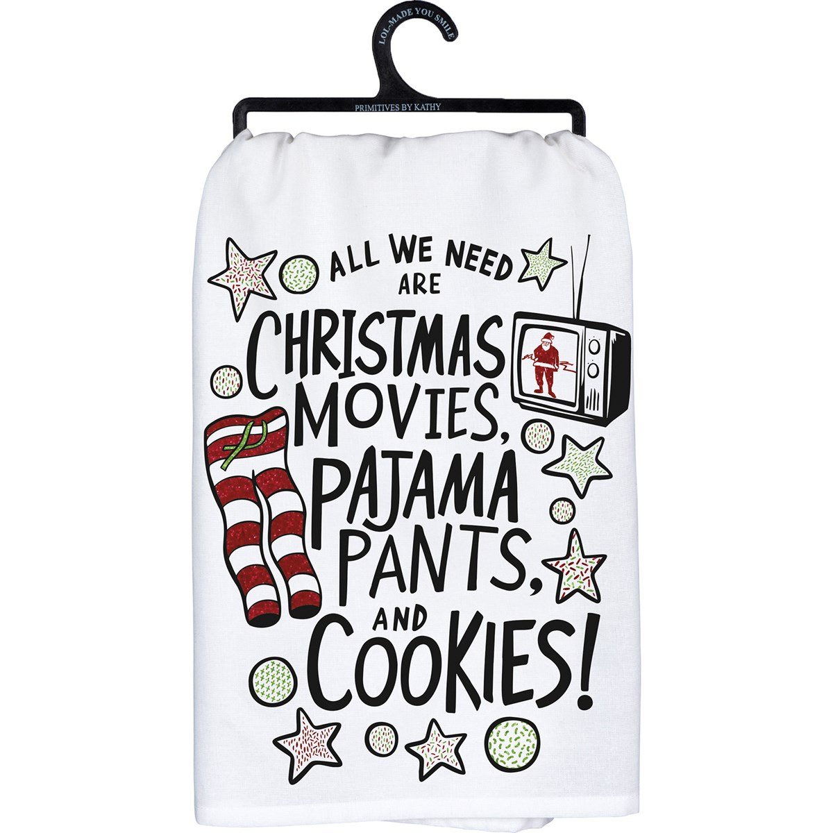 Black cotton kitchen towel with white text reading Remember As Far As Anyone Knows We Are A Nice & Normal Family