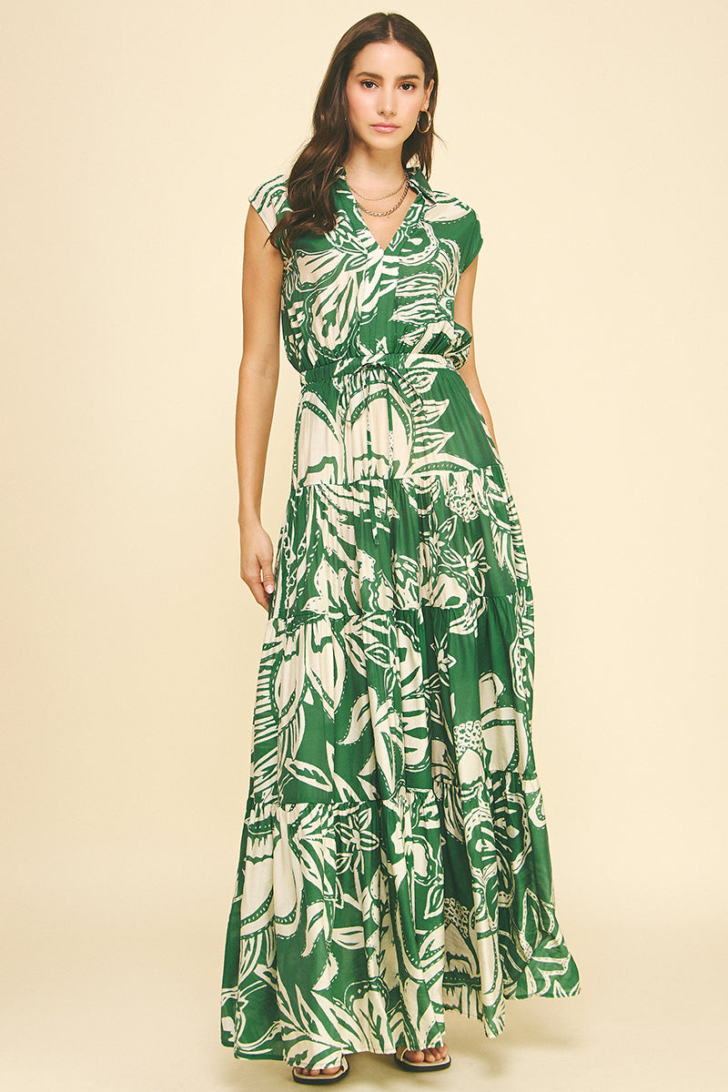 Megan floral tiered maxi dress with cap sleeves, V-neck self-tie waist in small size.