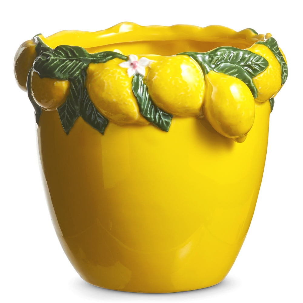Ceramic planter with yellow body and lemon-colored rim