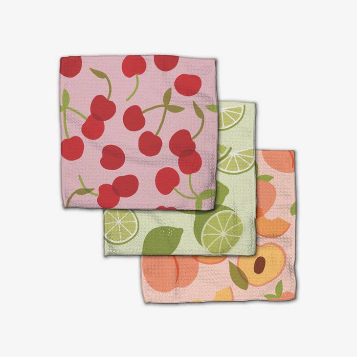 Set of three waffle weave dishcloths in recycled polyester with single-sided prints and hang loops.
