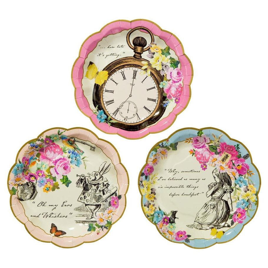 Small white ceramic plate featuring an Alice in Wonderland illustration with a whimsical pattern.