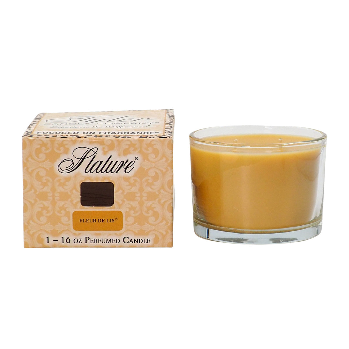 Clear glass candle jar with white soy wax blend inside a branded box.