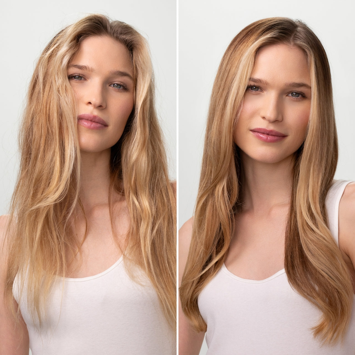 Before and after comparison of a woman's hair using Strengthening Rice Water Shampoo & Conditioner.