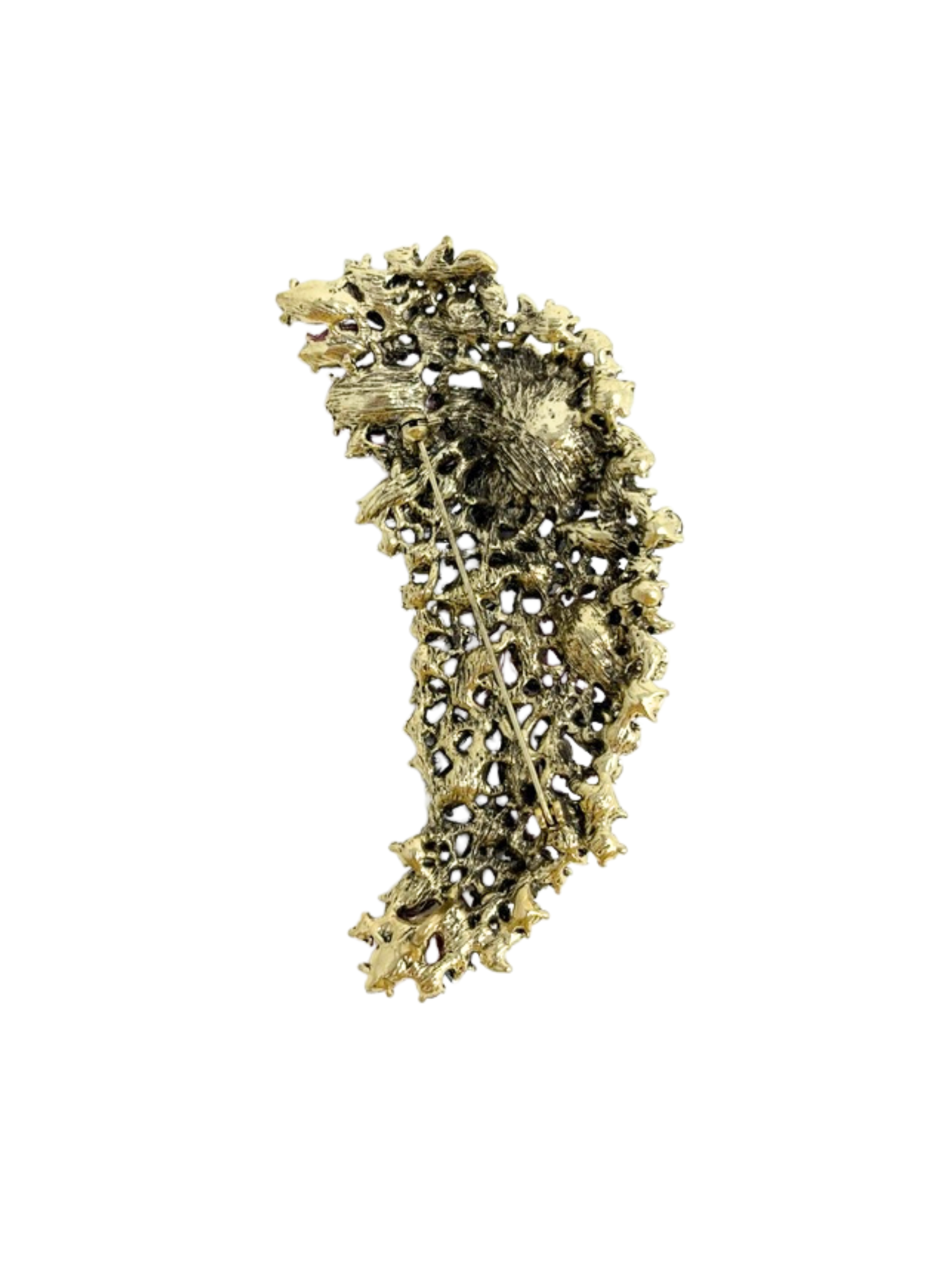 Back view of a gold-toned multi-color stone brooch showing the pin clasp and textured metalwork.