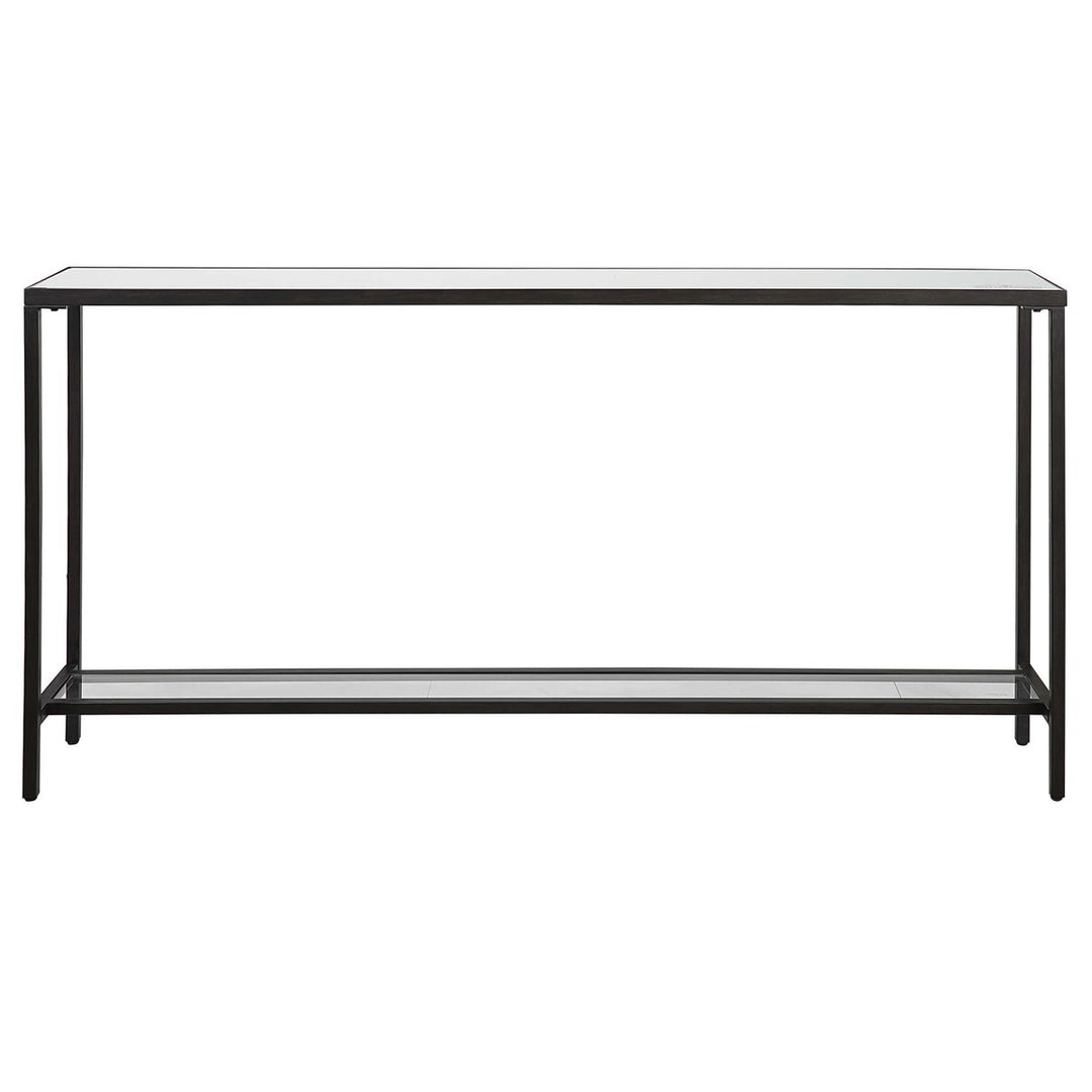 Black steel console table with beveled mirrored top and clear glass shelf