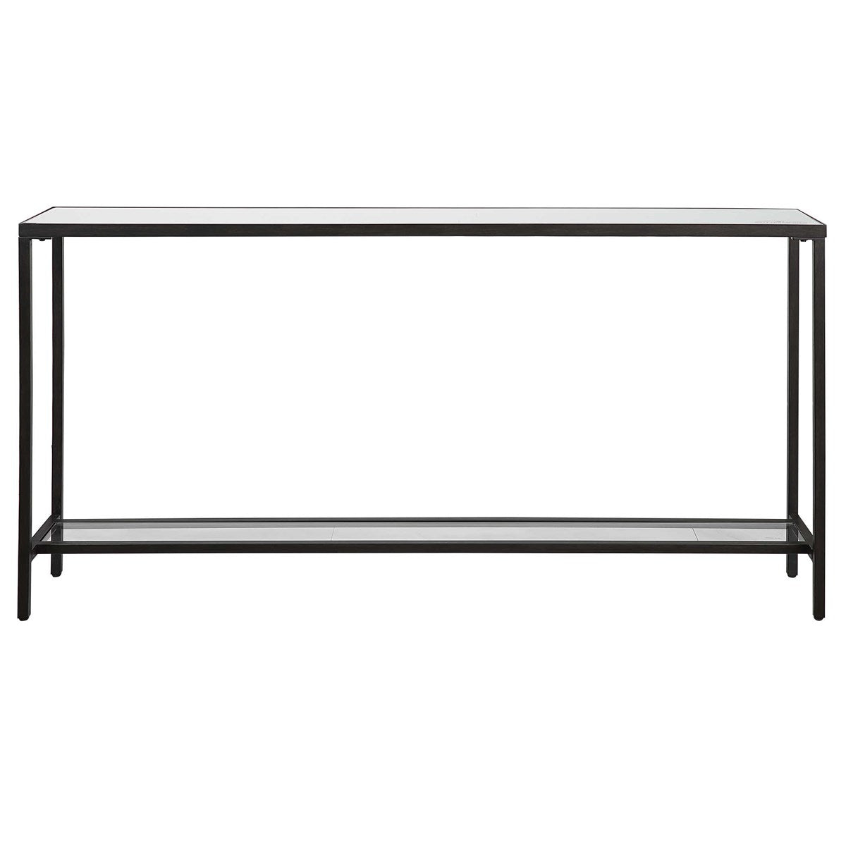 Black steel console table with beveled mirrored top and clear glass shelf