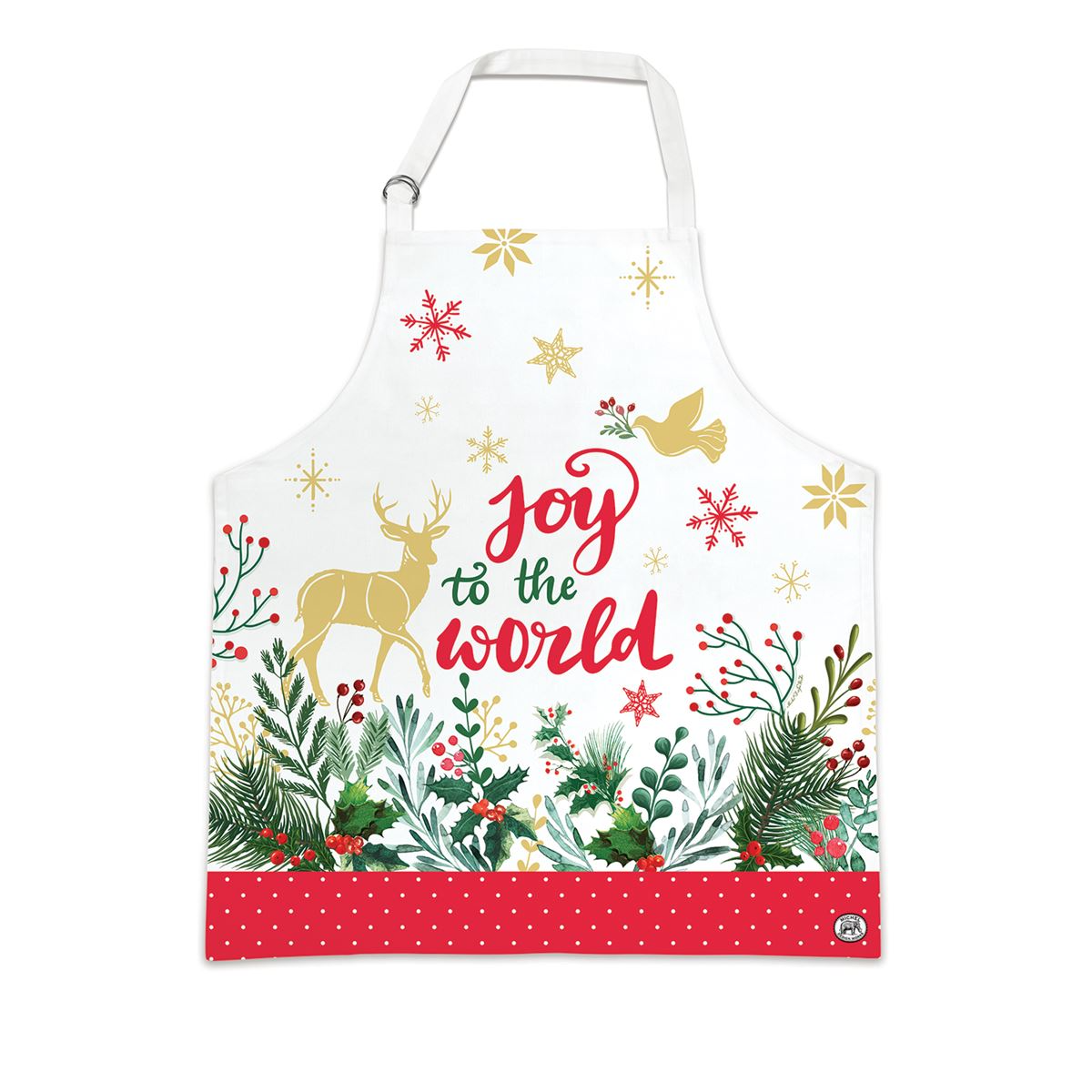 Holiday apron in red cotton with neck ties and waist straps.